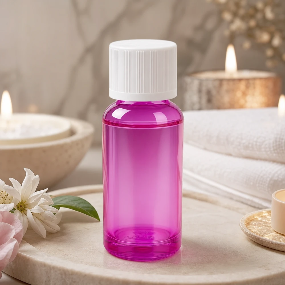 Botella de 20 ml con tapón de rosca de 11 mm blanco estándar a prueba de niños PurpleLine UT18/20 Frasco compacto de 20 ml en morado brillante con tapón de 11 mm para aplicaciones cosméticas móviles