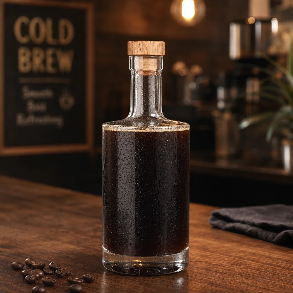Botella de vidrio de 500 ml «Nora» con tapón de corcho con asa de madera UNiTWIST® Botella de cristal de 500 ml Nora llena de café cold brew tapón de madera UNiTWIST café en grano ambiente barista rústico