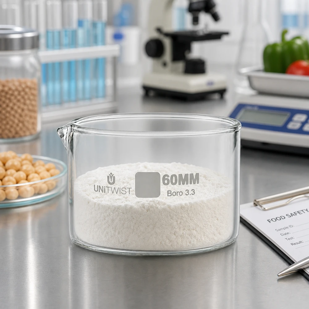 Plato cristalizador ø60mm vidrio borosilicato UNiTWIST Cubeta de cristalización de 60 mm con polvo blanco en un laboratorio alimentario, con microscopio y balanza