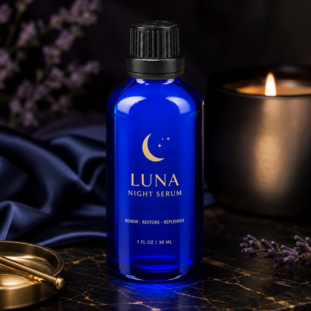 Frasco de cristal azul de 50 ml con tapón de rosca negro sobre mármol oscuro con lavanda