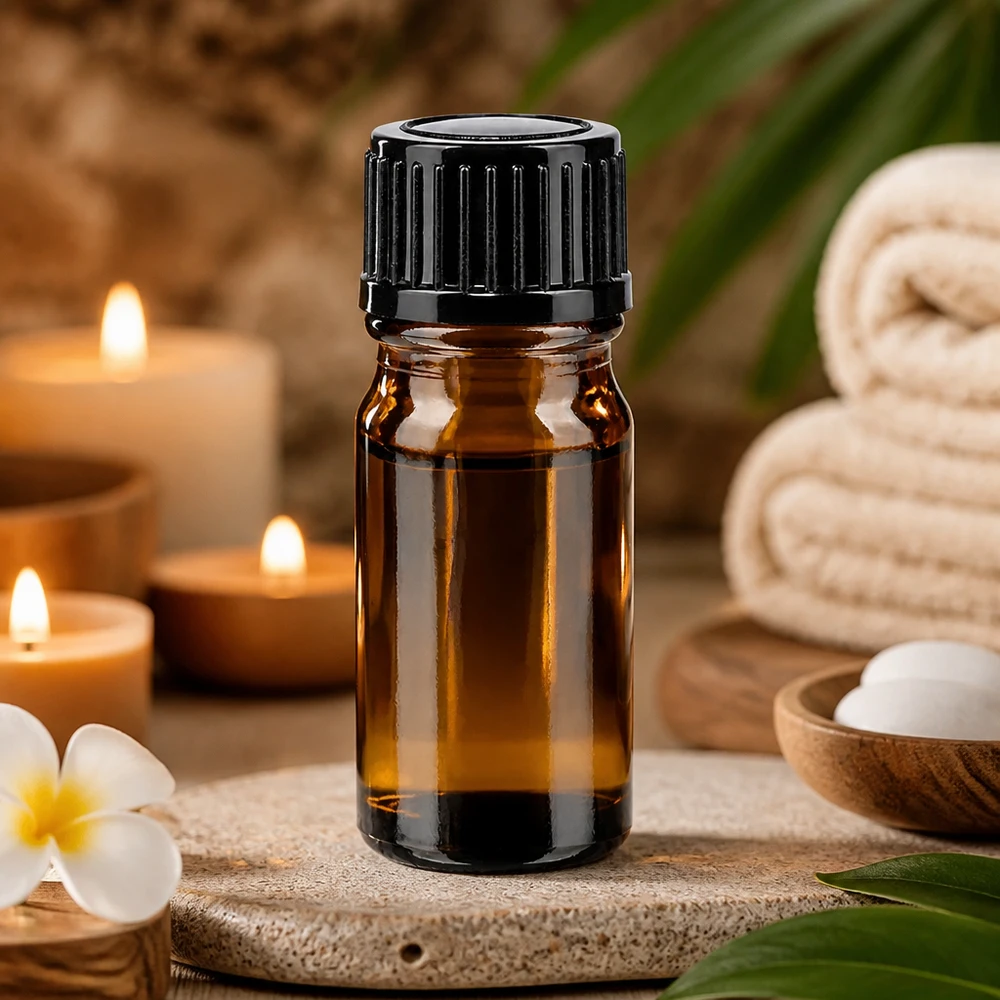 Frasco de cristal marrón de 5 ml con tapón de rosca negro sobre una piedra natural, con plumeria y velas