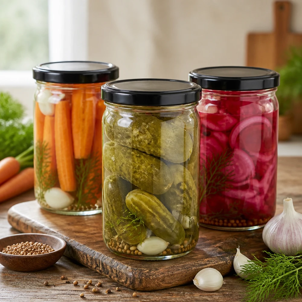 Tres vasos de 1053 ml con tapa negra rellenos de verduras en escabeche pepinos zanahorias y rábanos