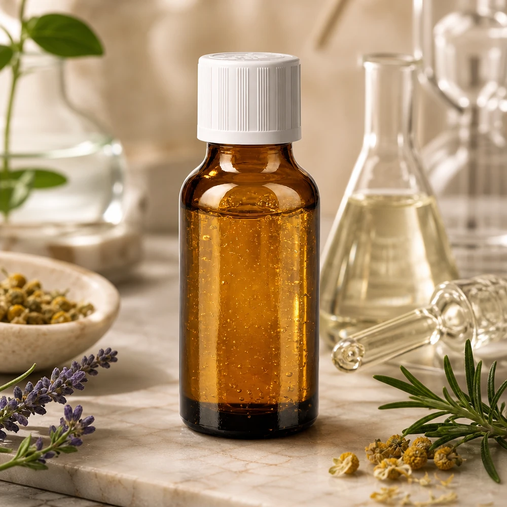 Botella de farmacia marrón 20ml tapón de rosca blanco a prueba de niños estándar Frasco de farmacia de 20 ml, de vidrio ámbar con protección UV y tapón de seguridad blanco para niños, junto a romero y flores de manzanilla