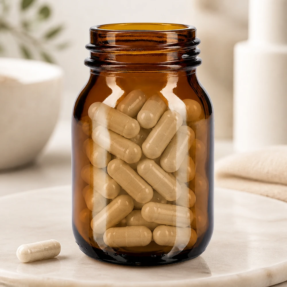 Frasco compacto de 75 ml de vidrio ámbar y cuello ancho con práctica abertura DIN 40 para complementos alimenticios