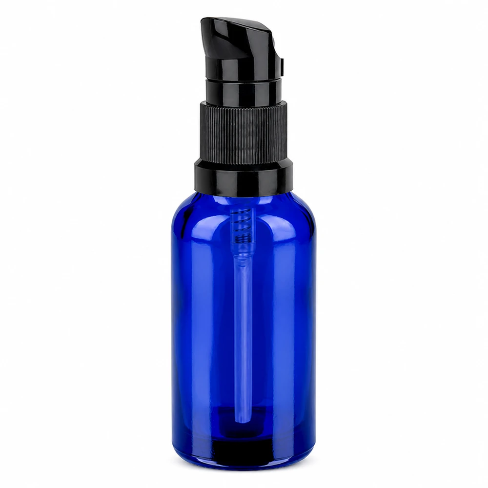 Frasco dosificador de 30 ml en elegante azul con dosificador negro para sueros y cosméticos