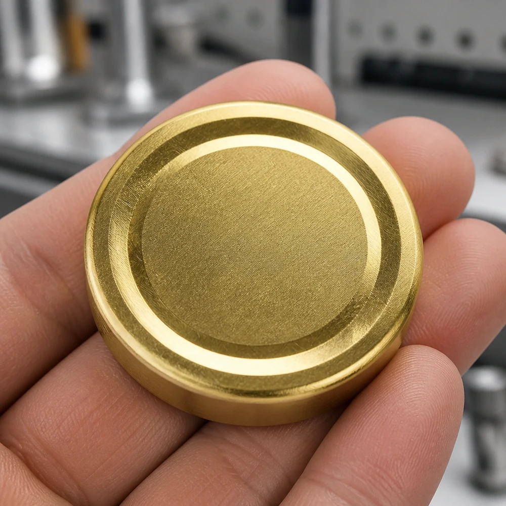 Tapa BasicSeal de 58 mm, color dorado (TO58deep) UNiTWIST Tapa dorada de 58 mm con cierre de rosca TO58deep BasicSeal UNiTWIST en la palma de la mano