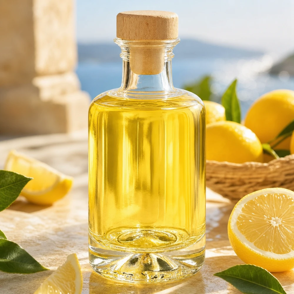 100ml botella de vidrio Sofía con corcho de madera lleno de aceite amarillo junto a los limones en la mesa de madera escena de estilo de vida