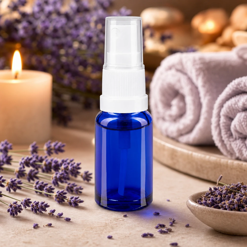 Frasco pulverizador de 10 ml de cristal azul de farmacia con pulverizador blanco, entre flores de lavanda y accesorios de spa