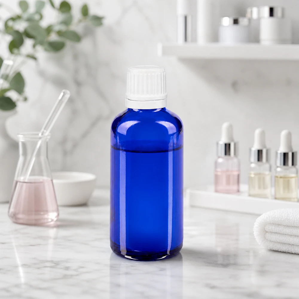 Frasco de cristal azul de 50 ml con tapón de seguridad para niños de color blanco sobre un fondo de mármol claro