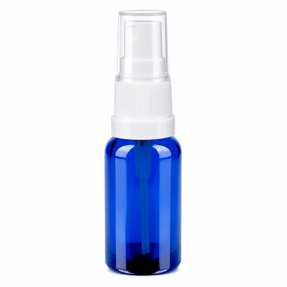 Botella pulverizadora de cristal azul de 20 ml con cabezal pulverizador blanco para cosméticos y aceites esenciales
