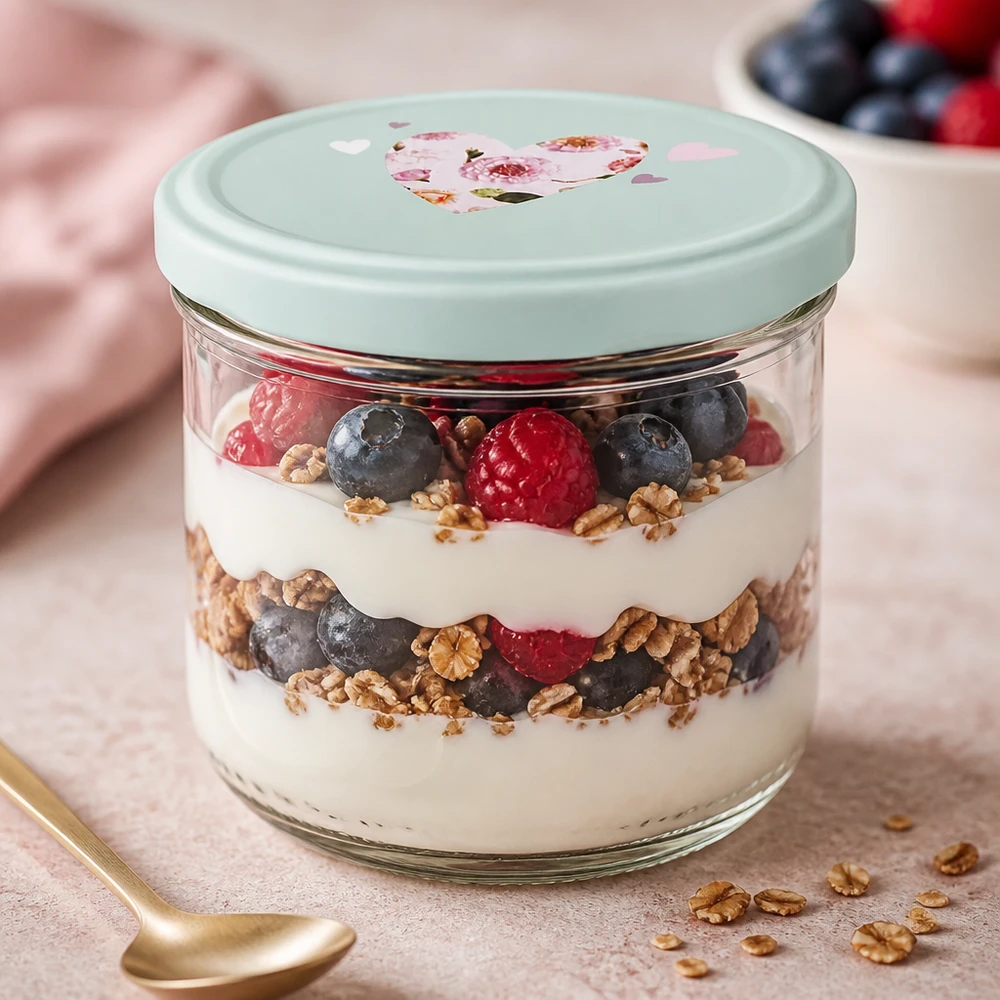 Vasos de 260 ml + tapa BasicSeal corazón menta UNiTWIST 260ml Sturzglas mit Joghurt-Beeren-Parfait befüllt, BasicSeal Deckel mint mit Herz, Dessertglas für Schichtdesserts