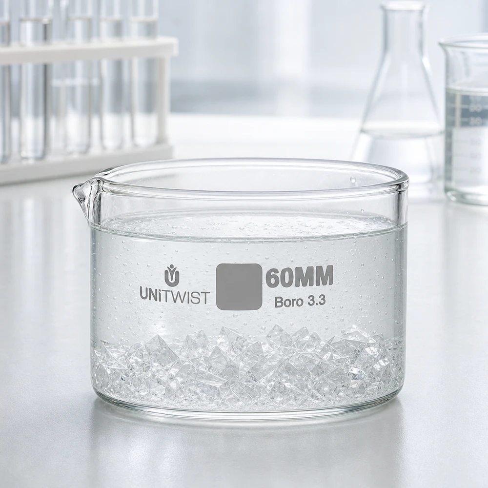 Cuenco de cristal plano de 60 mm de diámetro con cubitos de hielo y burbujas de agua en el laboratorio