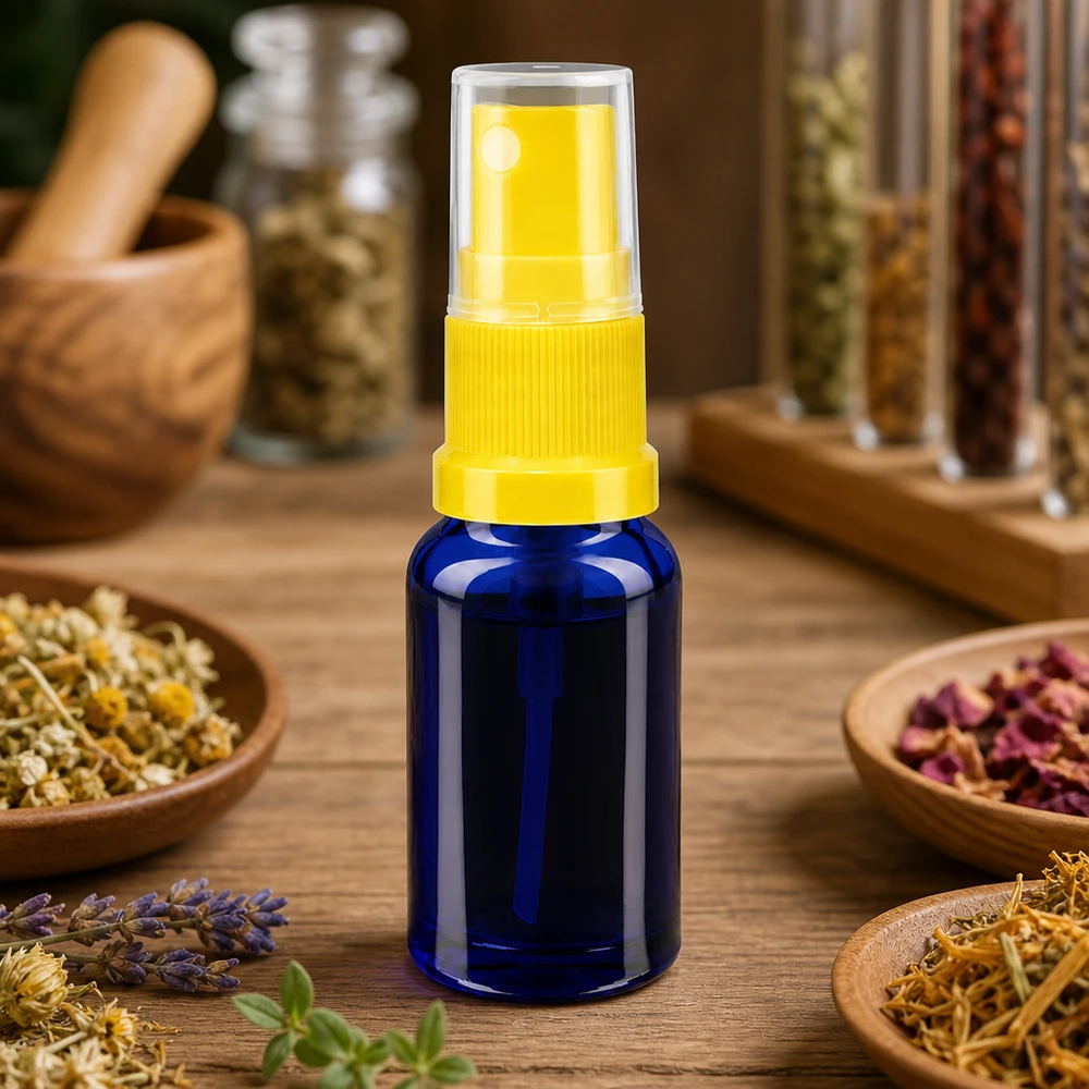 Botella de farmacia azul 10ml tapón pulverizador amarillo Frasco de farmacia azul de 10 ml con un pulverizador amarillo rodeado de hierbas medicinales secas