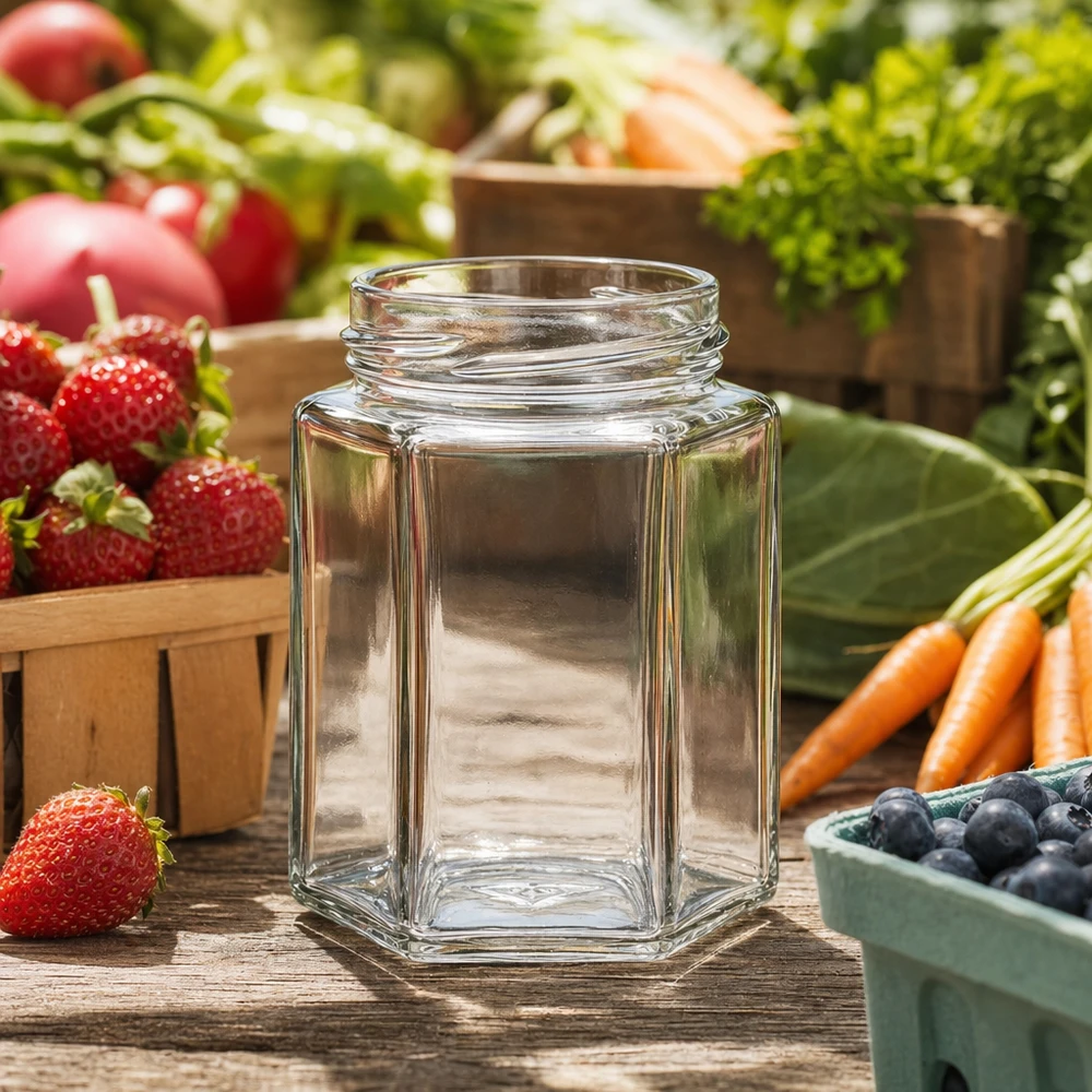 Tarro hexa 196ml sin tapa (TO58) UNiTWIST UNiTWIST Hexa196 tarro de conserva de 6 lados 196ml TO5 vacío sobre mesa de madera con frutas y verduras frescas al fondo