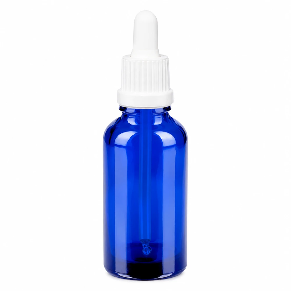 Frasco pipeta 30ml cierre inviolable blanco BlueLine UT18/30 Frasco pipeta 30ml azul con tapón cuentagotas blanco OV BlueLine UT18 rosca DIN18