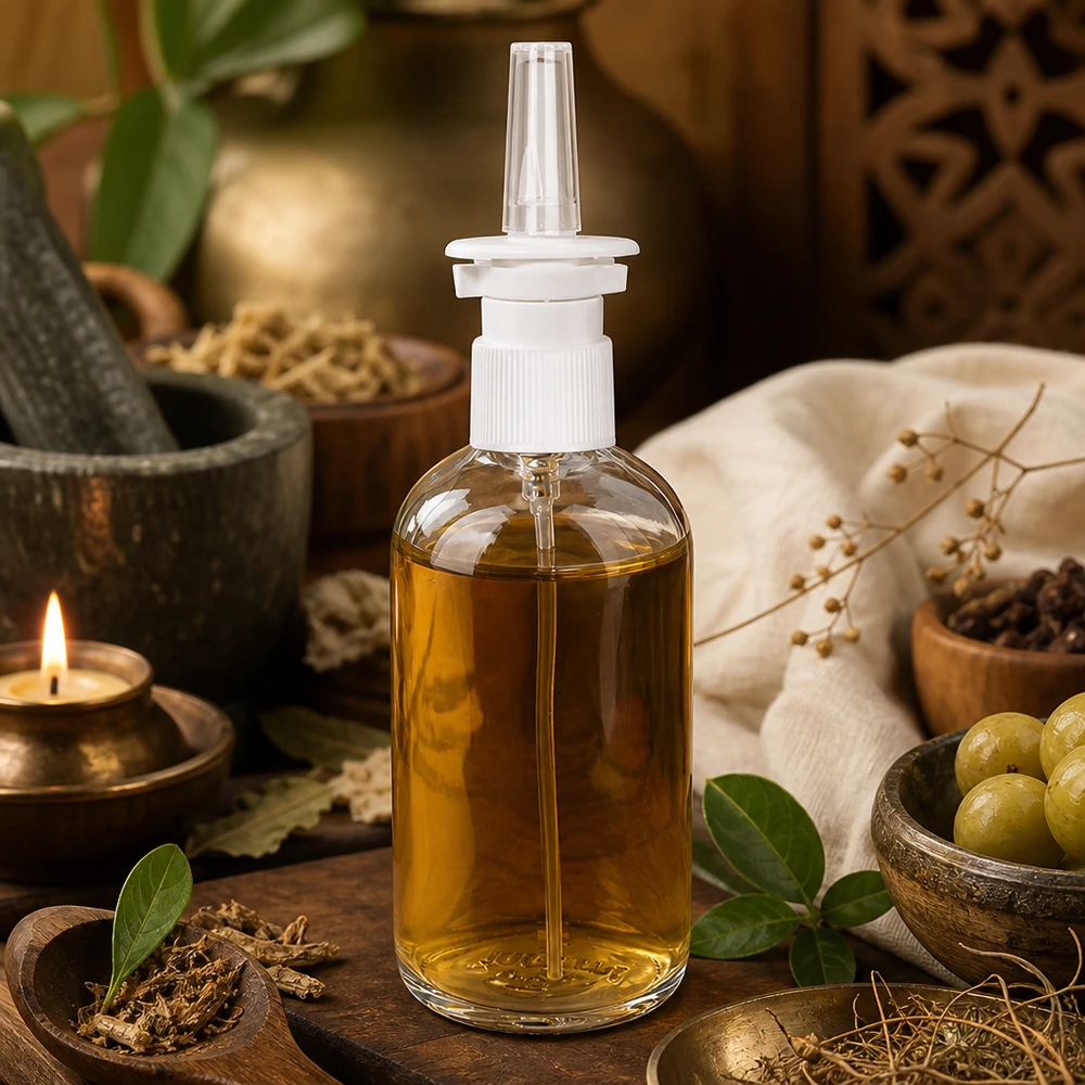 Frasco transparente de 100 ml para spray nasal ClearLine con hierbas, aceitunas y una vela en un ambiente ayurvédico