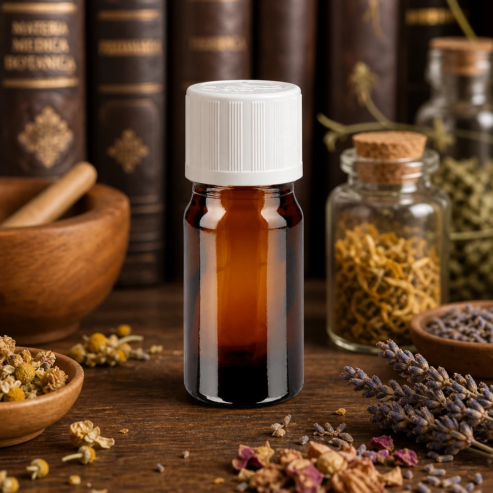 Botella de farmacia marrón 5ml tapón de rosca blanco estándar a prueba de niños Frasco de cristal marrón de 5 ml con tapón de seguridad para niños de color blanco, entre hierbas medicinales secas