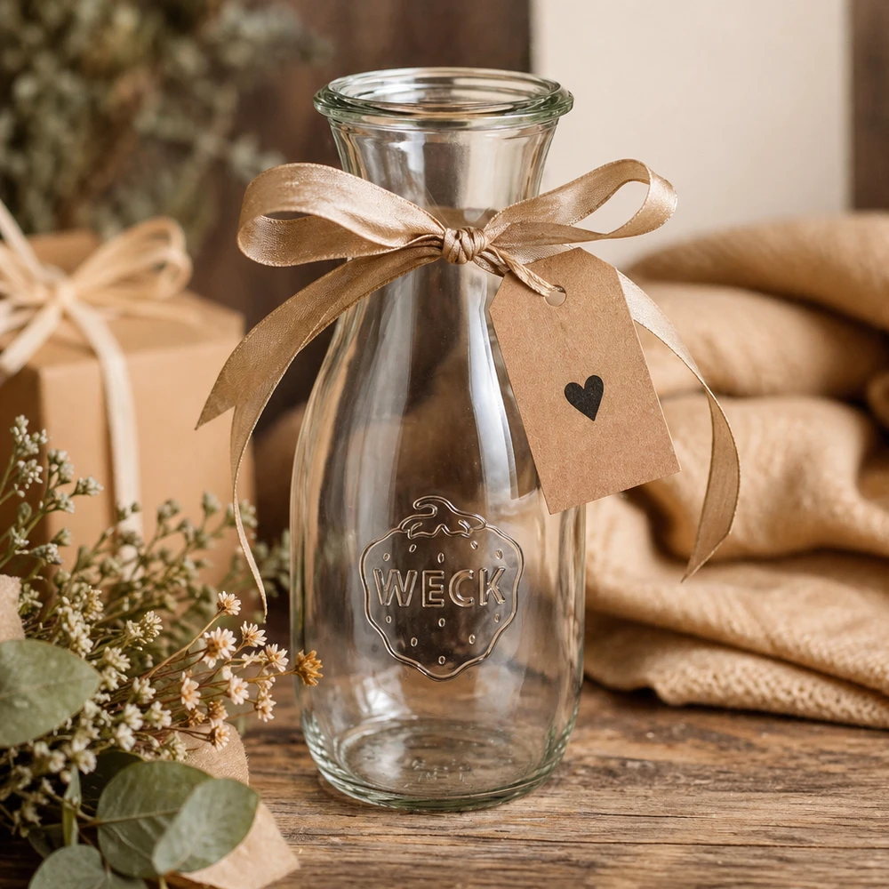 Botella para zumo WECK RR60 de 530 ml Botella de cristal WECK 530ml RR60 decorativa con lazo marrón y etiqueta de regalo sobre mesa de madera con flores