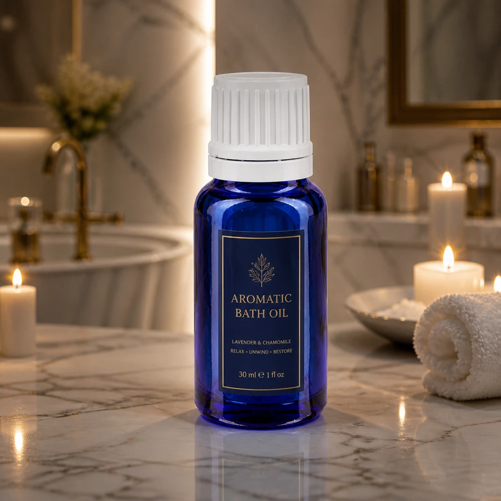 Botella de farmacia azul 10ml tapón rosca cierre inviolable blanco Frasco de cristal azul de 10 ml con tapón de rosca blanco, dispuesto junto a unas velas y una bañera