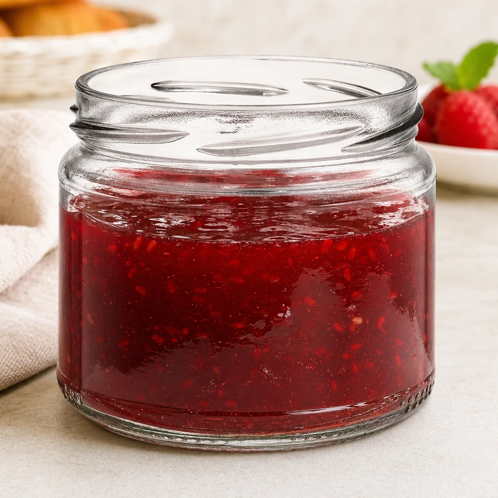 UNiTWIST Runda330 tarro redondo lleno de mermelada roja Mermelada de fresa al fondo Mesa de desayuno
