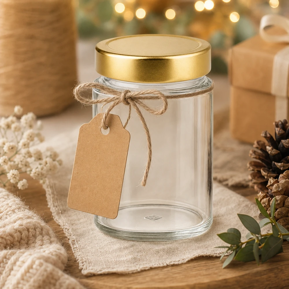 Tarro redondo de 202 ml con tapa BasicSeal dorada profunda UNiTWIST Tarro redondo de 202 ml con tapa dorada como envase de regalo - tarro decorativo con etiqueta para regalos DIY