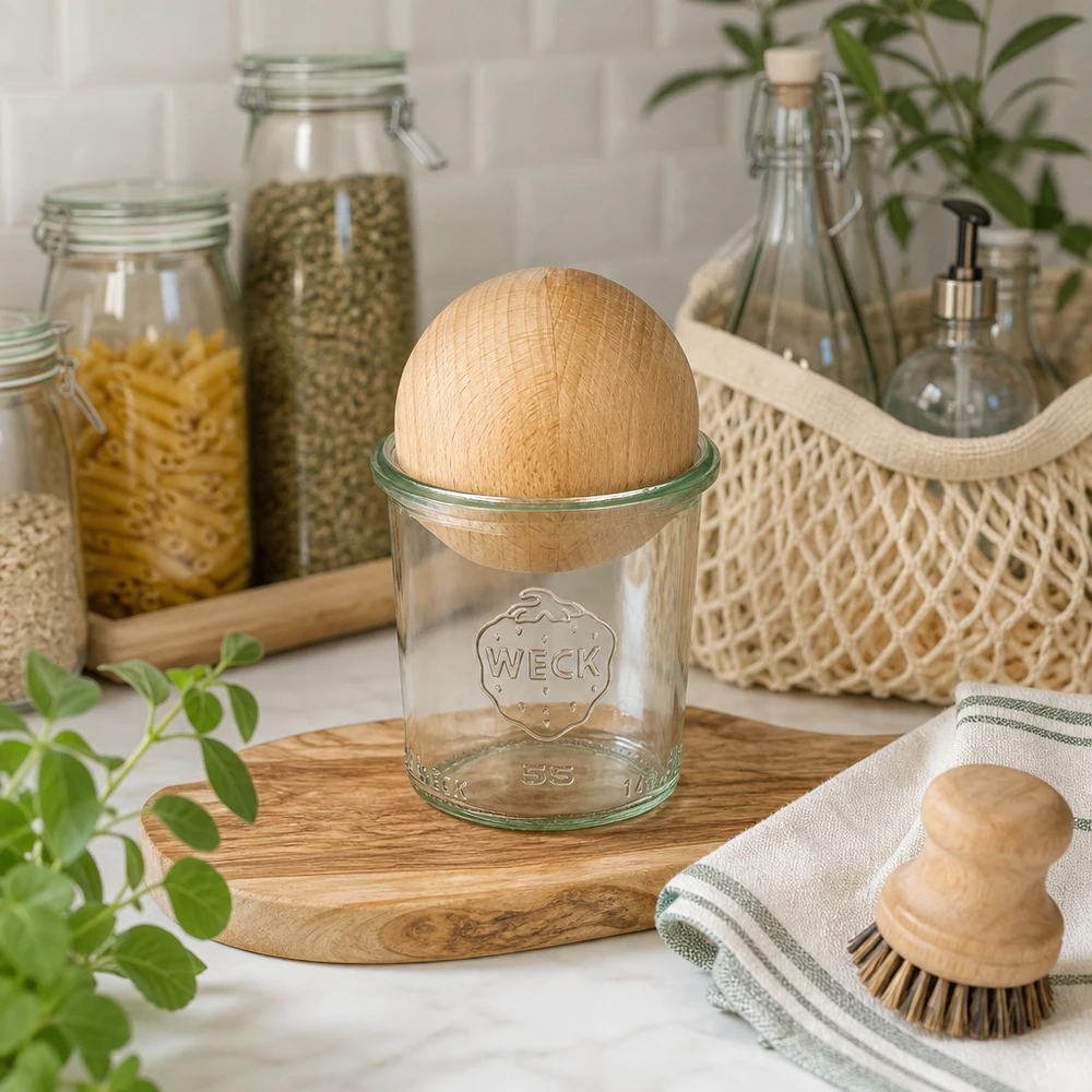Vasos WECK RR60 de 140ml con bola de madera de haya Vaso WECK 140ml RR60 con bola de madera de haya en cocina sostenible, rodeado de tarros de almacenaje y mate natural