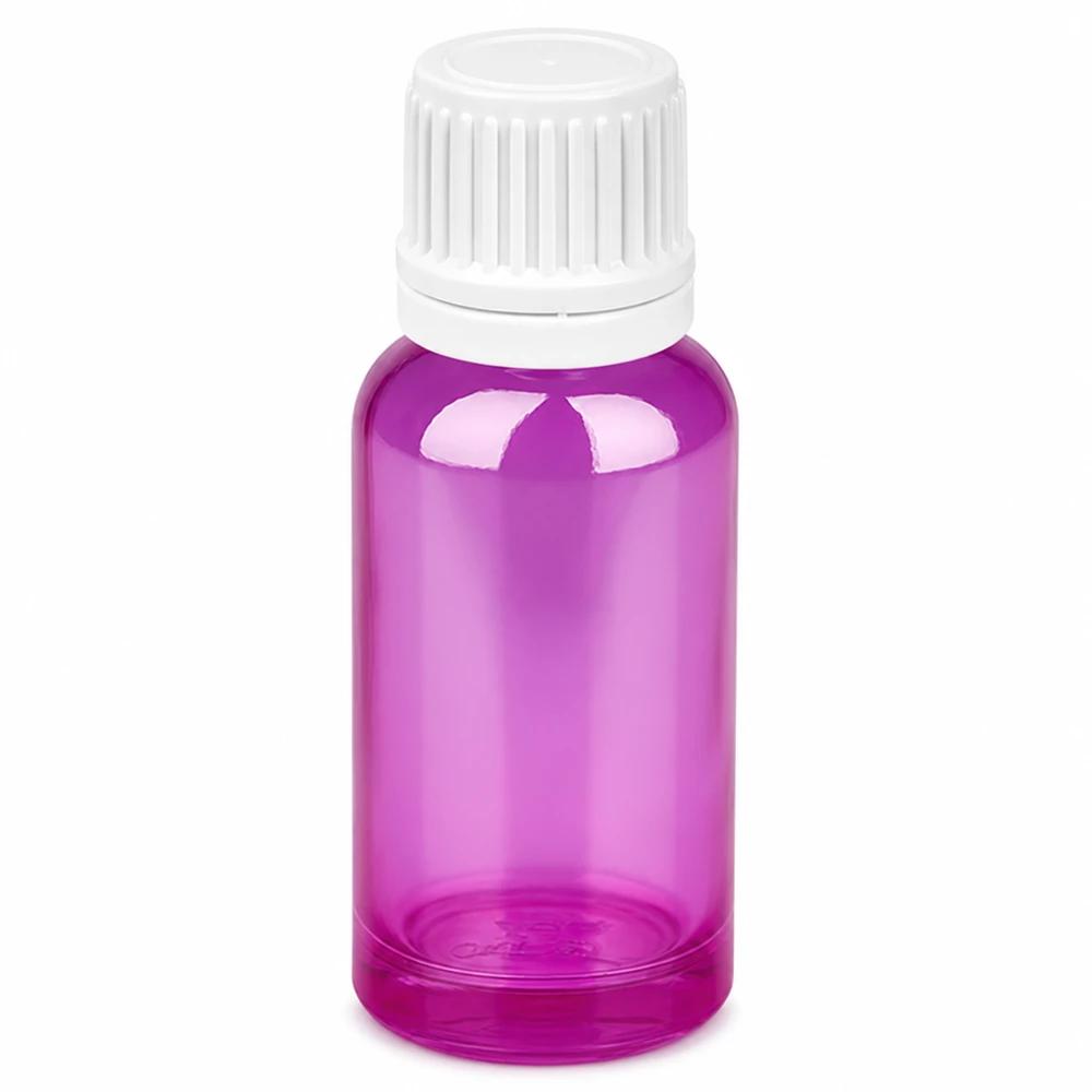 Frasco cuentagotas de 20 ml púrpura transparente con tapón de rosca blanco abertura de 0,7 mm