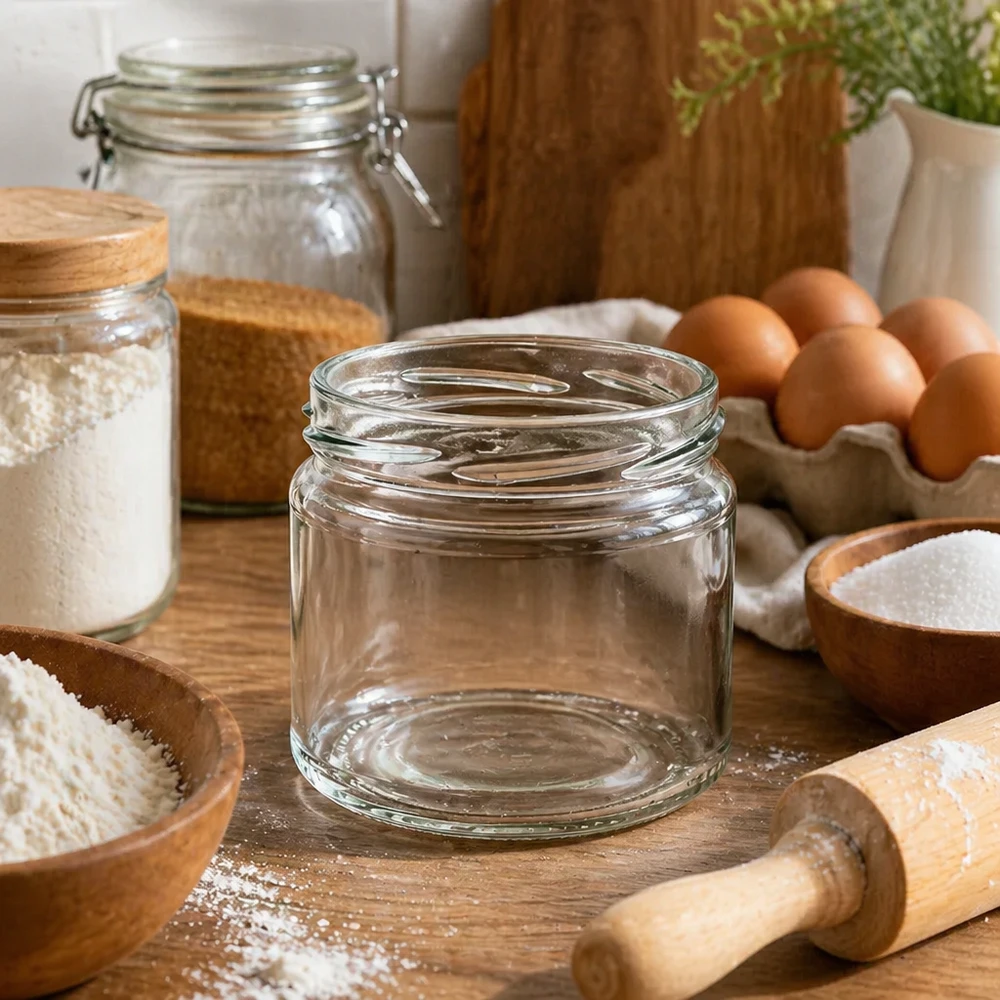 UNiTWIST Runda330 vaso redondo 330ml TO82 en cocina rústica decorado con ingredientes de repostería, huevos y utensilios de madera
