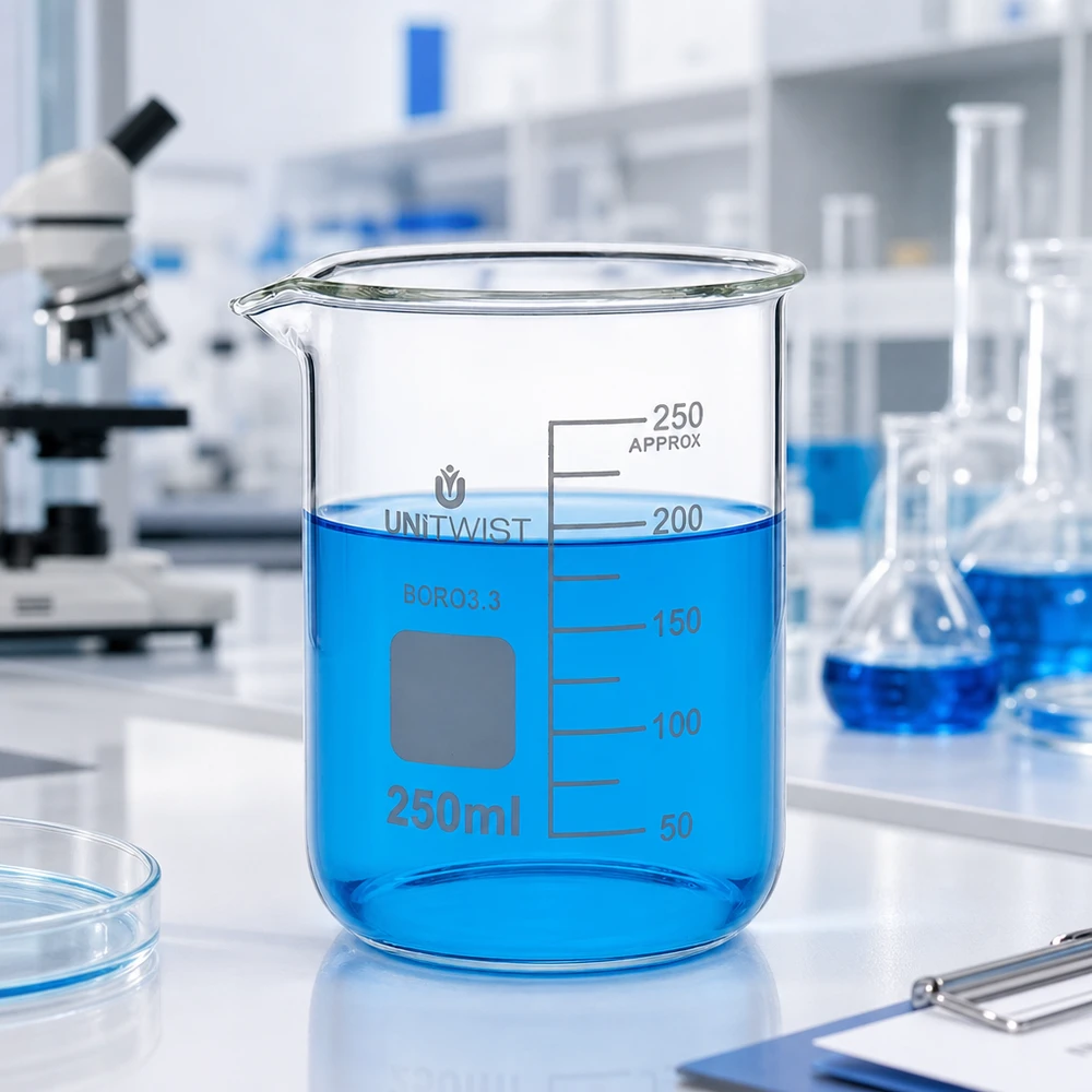 Vaso de precipitados UNiTWIST de 250 ml, de perfil bajo, de borosilicato 3.3, con líquido azul en el laboratorio