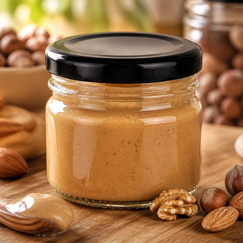 Crema de frutos secos en un frasco redondo de cristal de 33 ml con tapa BasicSeal negra, rodeada de nueces y avellanas