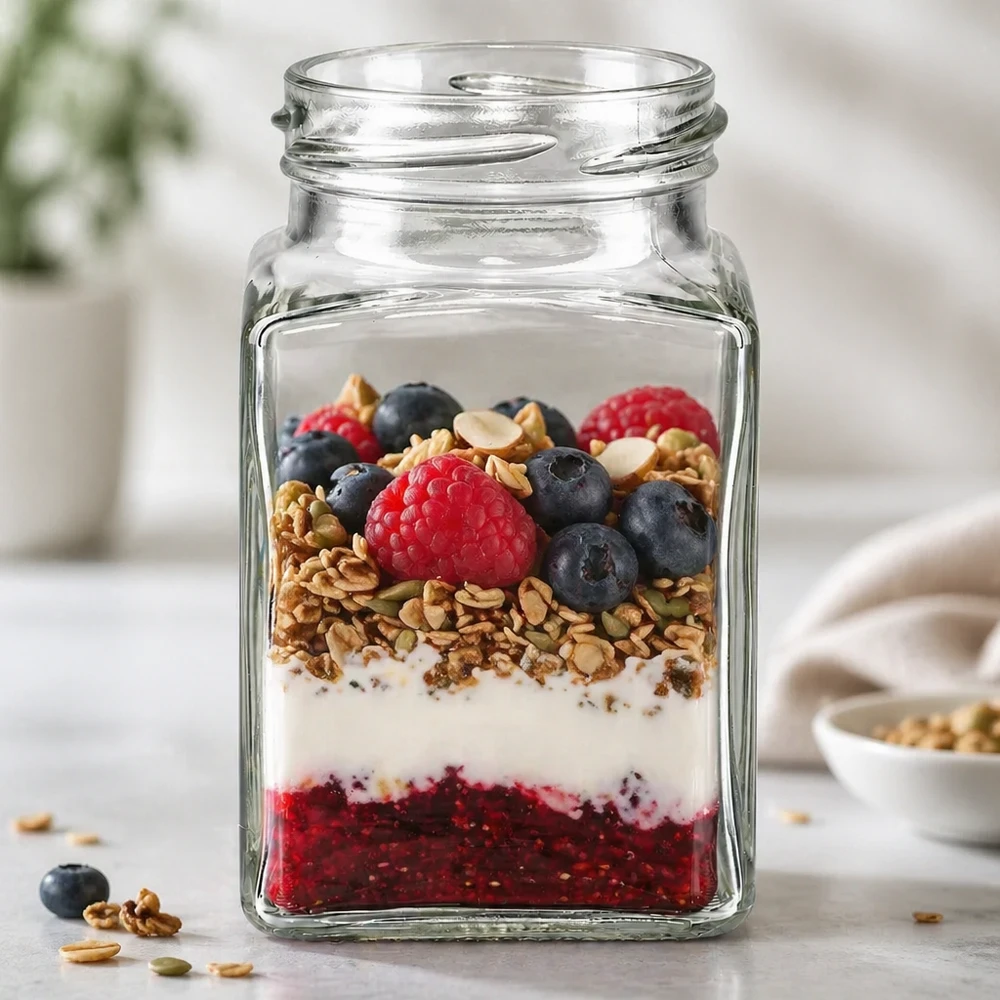 Tarro tetra de 260ml sin tapa (TO58) UNiTWIST UNiTWIST Tetra260 tarro de 4 esquinas 260ml TO58 con muesli bayas y yogur como postre en tarro en la encimera de la cocina
