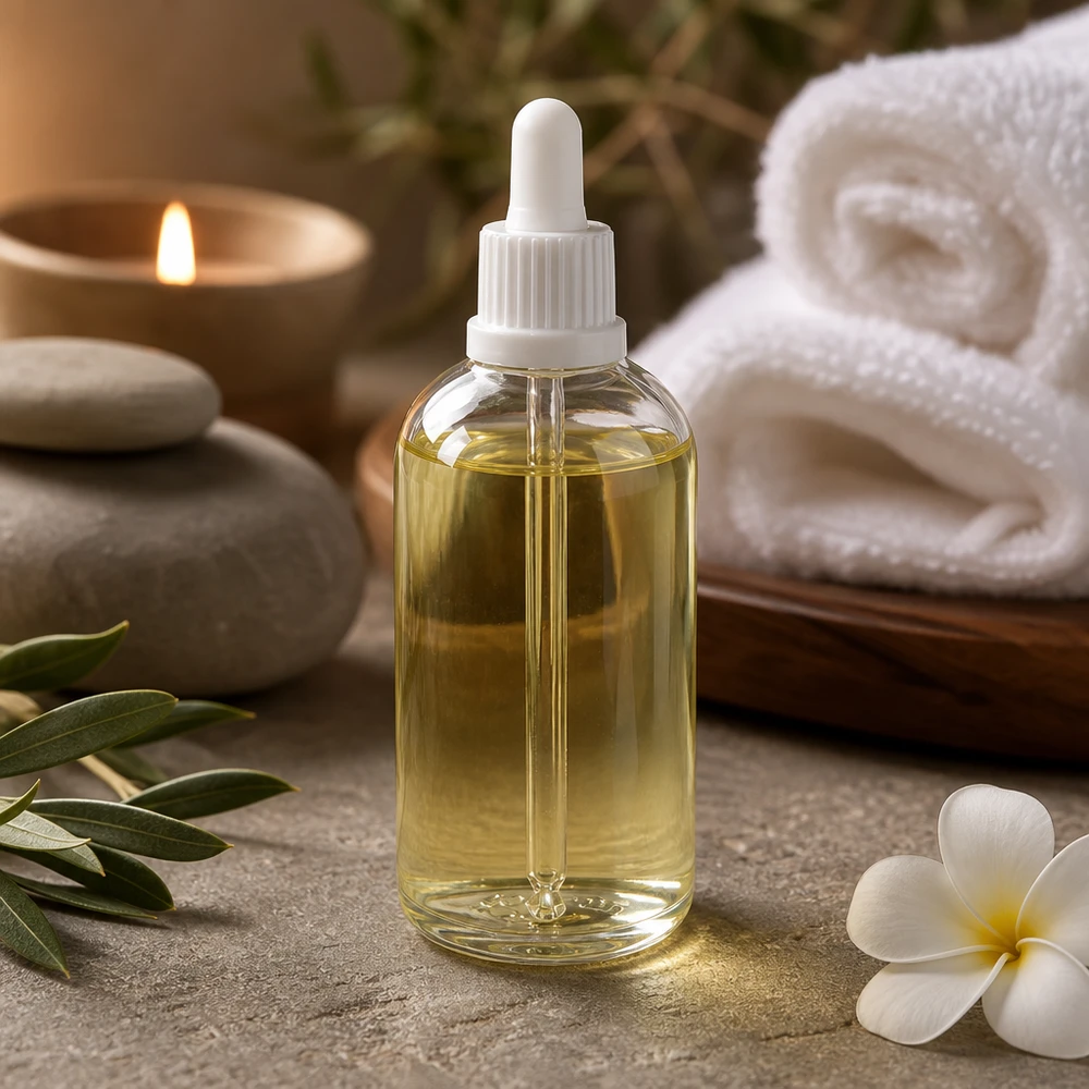 Frasco pipeta 100ml cierre inviolable blanco ClearLine UT18/100 Pequeño frasco con pipeta de 100 ml ClearLine blanco con accesorios de spa: piedras, vela y flor