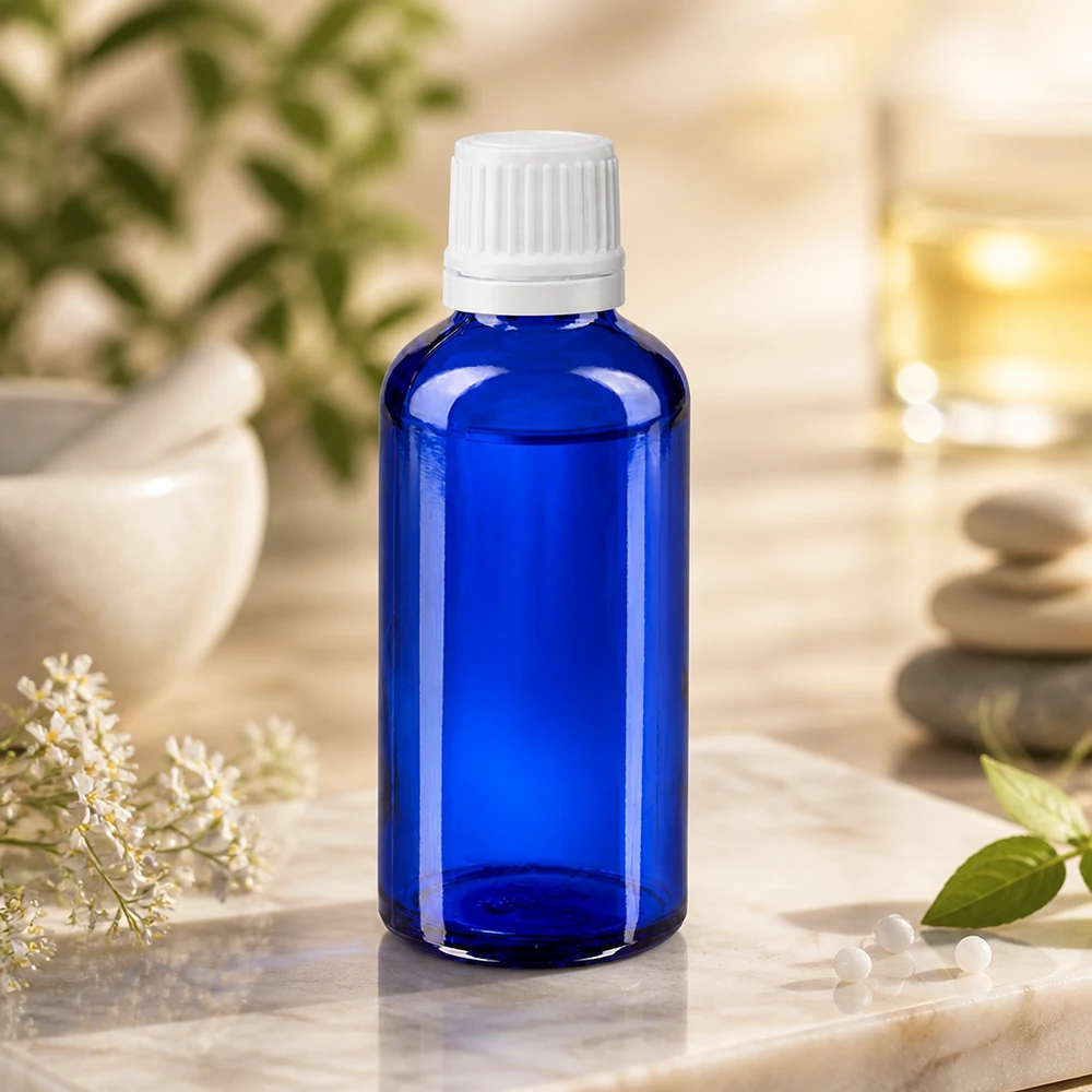 Pequeño frasco de farmacia de 50 ml de cristal azul cobalto con tapón blanco a prueba de niños