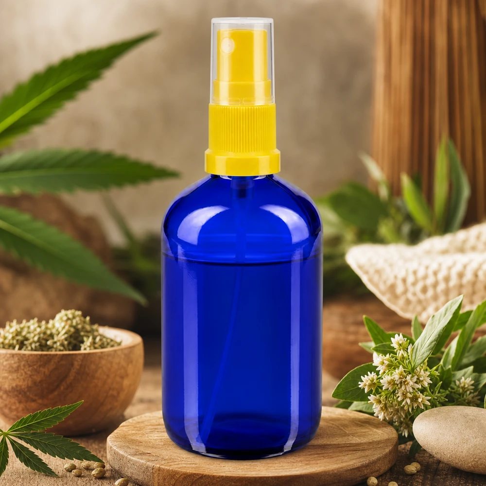 Botella de farmacia azul 100ml accesorio pulverizador amarillo Botella de cristal azul de 100 ml con pulverizador amarillo, rodeada de una planta de cáñamo y hierbas naturales