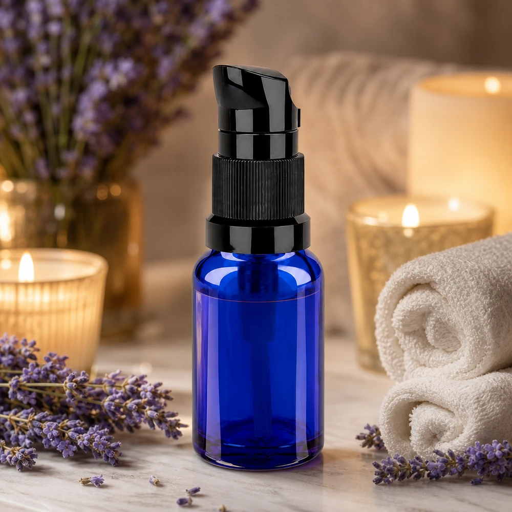 Pequeño frasco bomba de 10 ml en azul oscuro con dosificador negro para una dosificación precisa BlueLine UT18/10