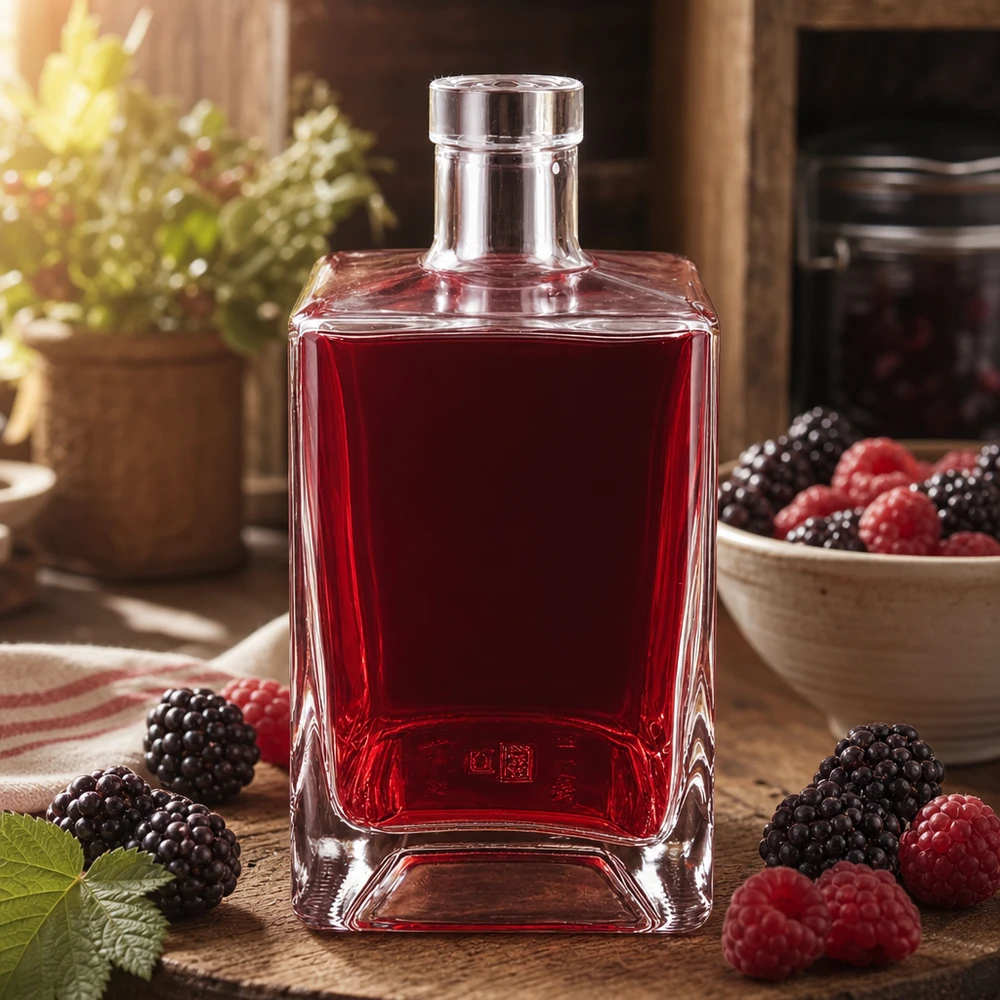 Ben Botella de cristal de 700 ml con relleno de licor de bayas rojas rodeada de moras y frambuesas sobre madera rústica