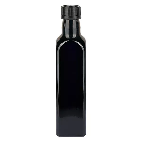 Botella cuadrada de vidrio violeta 250ml (botella de aceite), UNI 10155 31.5x 24, incl. tapón de rosca negro 103574