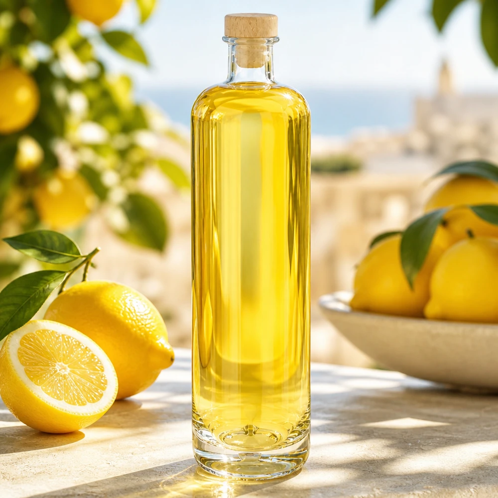 Botella de cristal de 700 ml de Ella con contenido amarillo y corcho de madera en un marco de limón mediterráneo sobre una mesa de madera