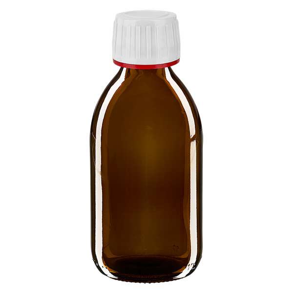 Frasco medicamento 250ml marrón, tapón blanco con precinto rojo ApoGlas Frasco medicamento 250ml marrón, tapón blanco con precinto rojo ApoGlas
