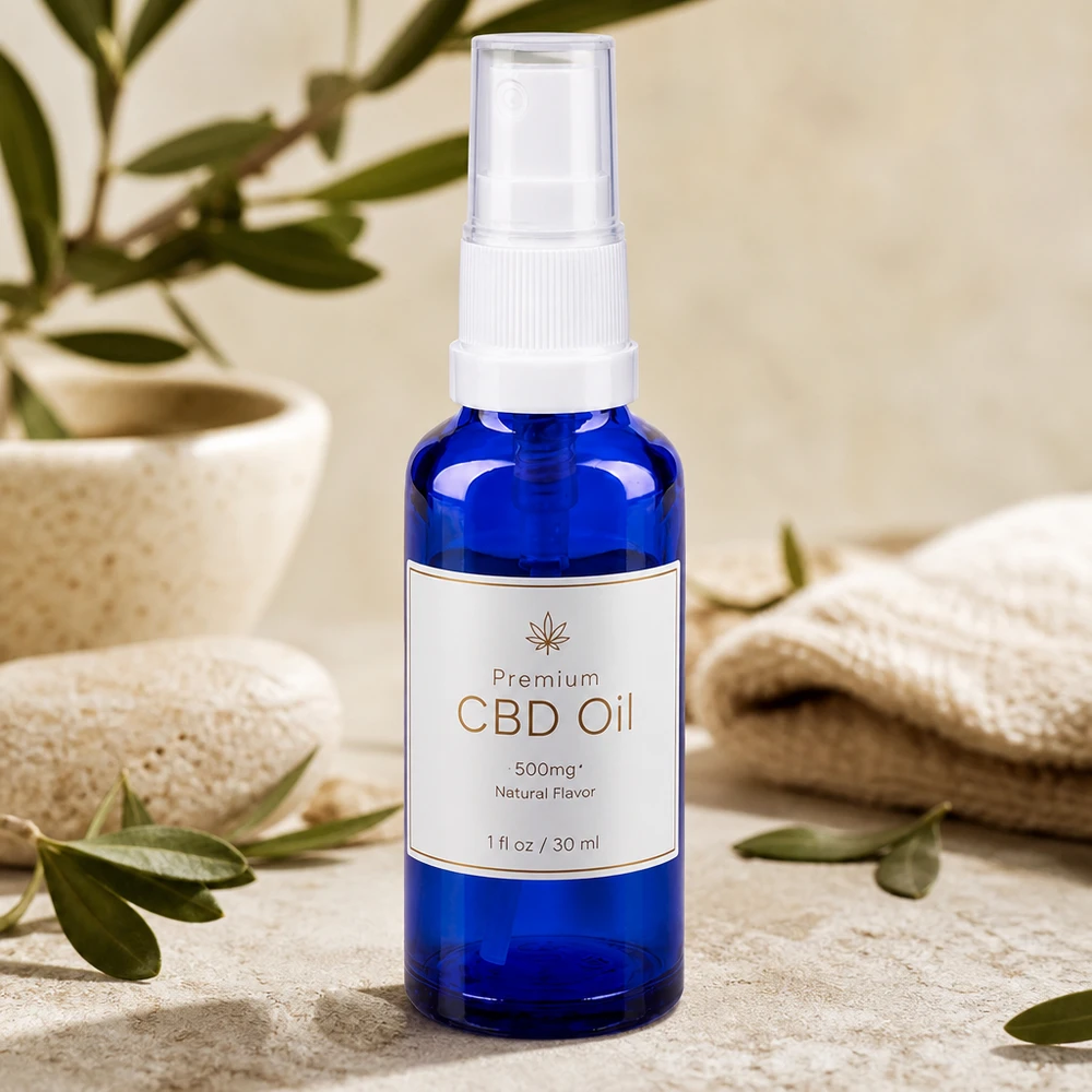 Botella de farmacia azul 10ml tapón pulverizador negro Frasco azul de farmacia de 10 ml con pulverizador para aceite de CBD de 500 mg, sabor natural, 30 ml