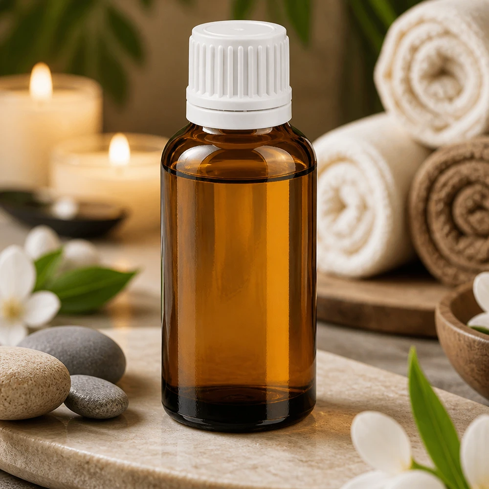 Frasco de vidrio ámbar premium de 30 ml con protección contra la luz y tapón de rosca blanco para cosmética y bienestar