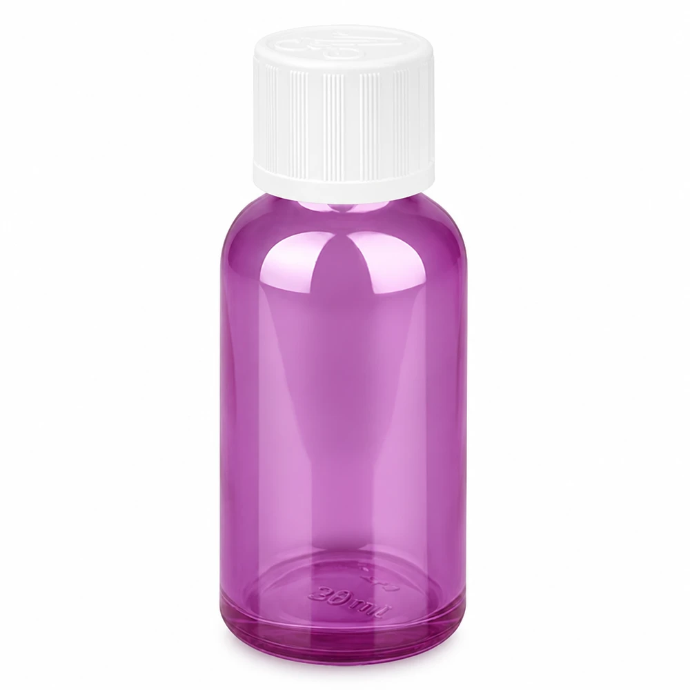 Botella de 30ml con tapón de rosca blanco de 11mm a prueba de niños PurpleLine UT18/30 Frasco de vidrio de 30 ml con tapón de rosca blanco - calidad violeta de laboratorio para una dosificación precisa