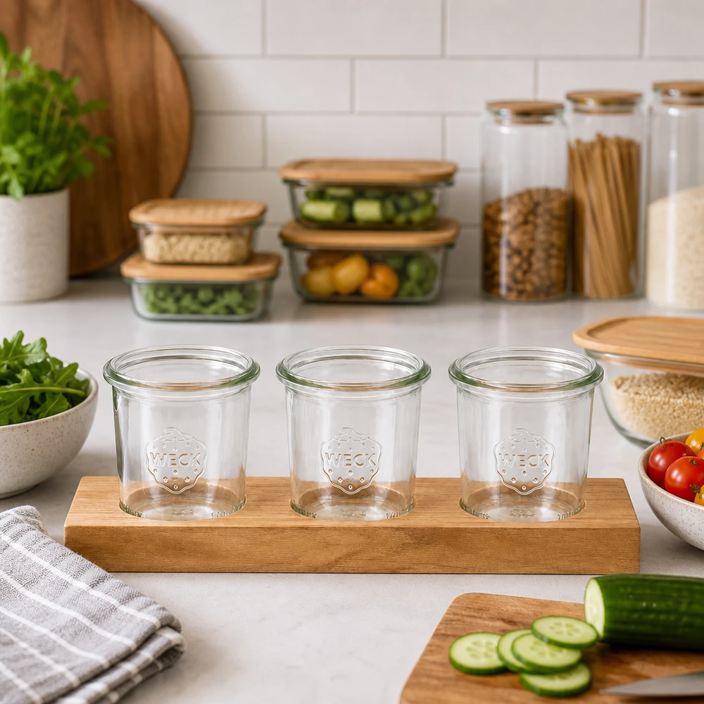 Bandeja Plano3 con 3 tarros Weck de 140 ml Plano3 tabla de servir con tarros vacíos WECK de 140 ml en una cocina moderna junto a latas de verduras y de conservas
