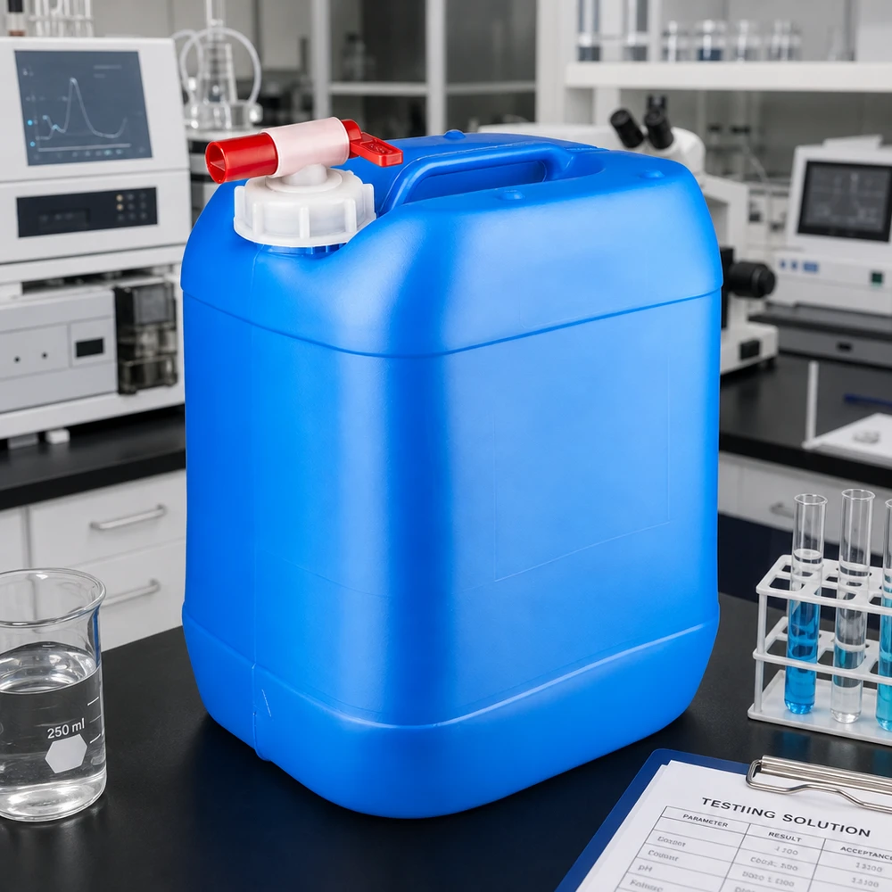 Bidón 20 litros azul con grifo de vaciado Bidón azul claro de 20 litros con asa integrada y grifo de salida rojo en un entorno de laboratorio
