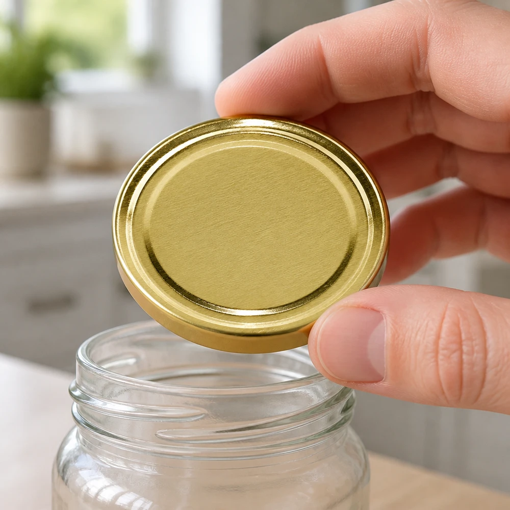 Tapa BasicSeal de 58 mm, color dorado (TO58) UNiTWIST Se coloca a mano la tapa dorada BasicSeal TO58 UniTwist de 58 mm en un tarro de conserva vacío