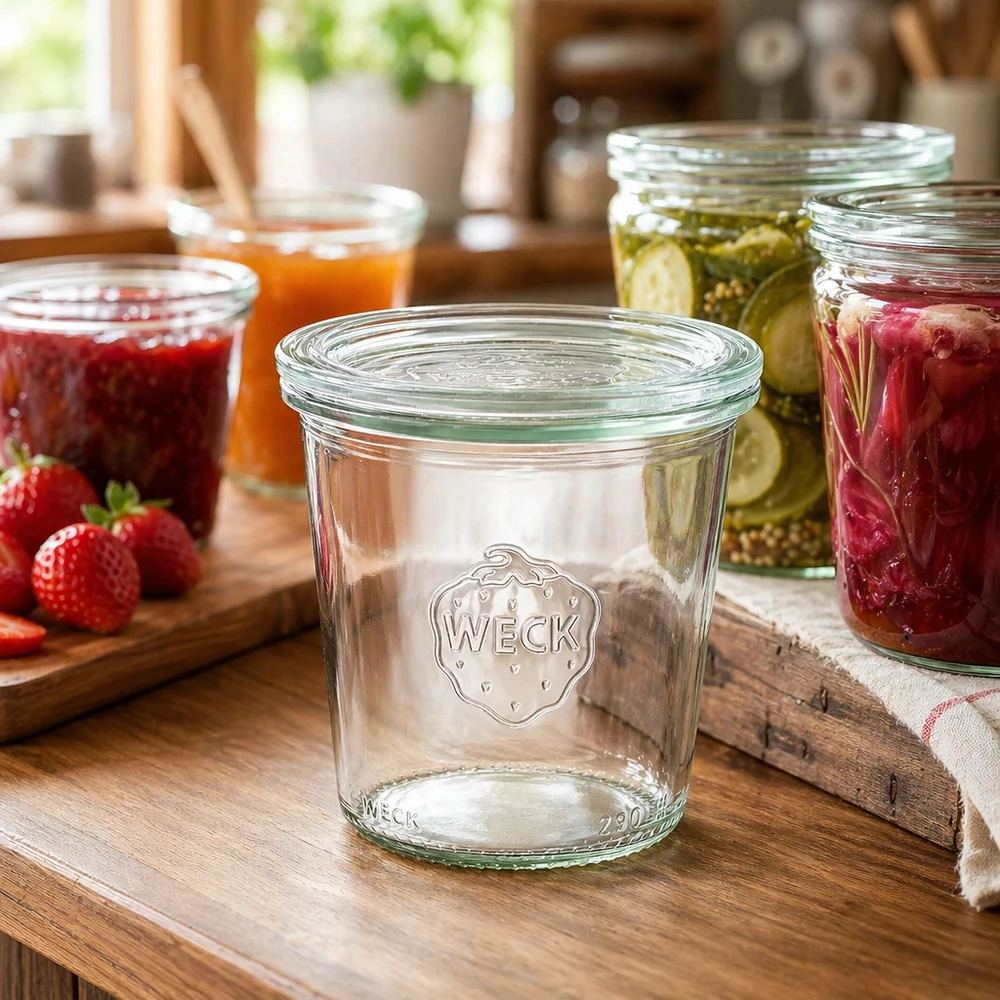 Tarro de conserva WECK de 290 ml en la cocina con mermeladas y conservas de colores como ejemplo de aplicación para el almacenamiento