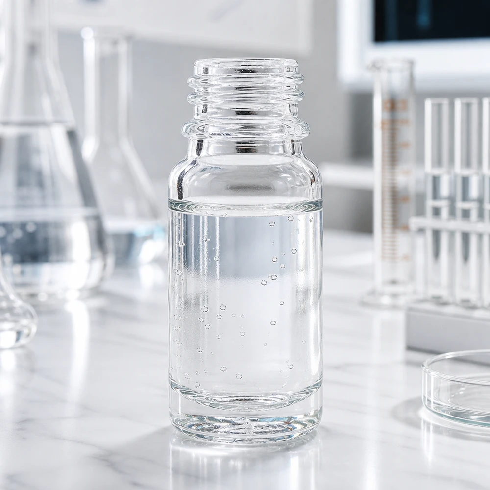 Botella de farmacia de 10ml ClearLine UT18/10 UNiTWIST Frasco de farmacia ClearLine DIN18 UNiTWIST de 10 ml, lleno de agua transparente, en un entorno de laboratorio