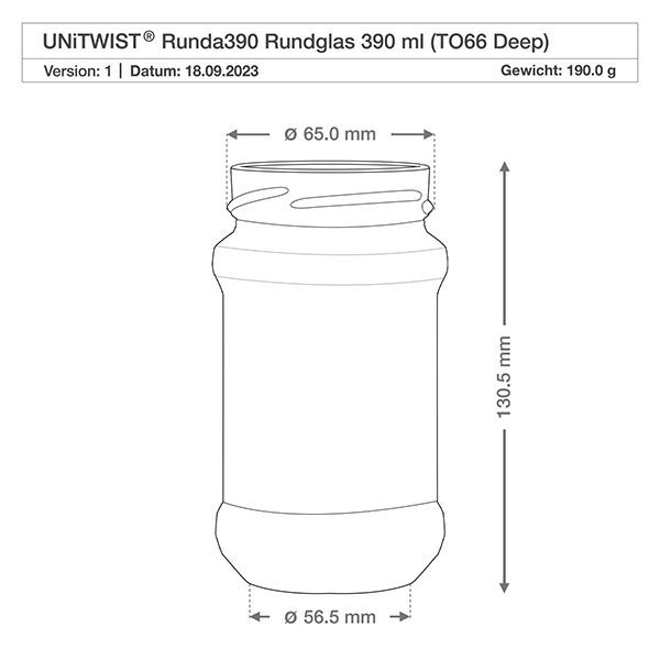 Tarro redondo de 390ml sin tapa (TO66deep) UNiTWIST Dibujo técnico UNiTWIST Runda390 vaso redondo 390ml TO66 Deep con dimensiones 65mm diámetro 130.5mm altura