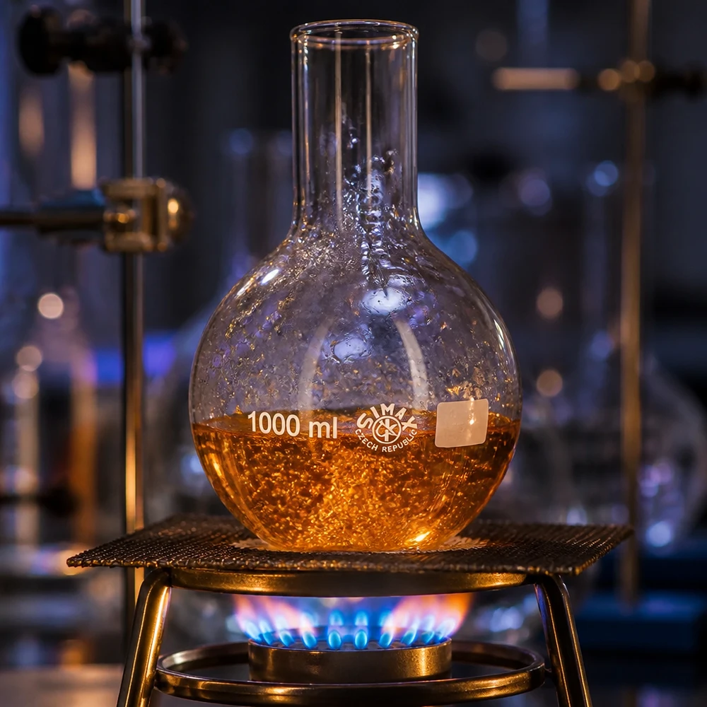Matraz Erlenmeyer 1000ml cuello ancho Matraz de 1000 ml de cuello ancho cuando se calienta sobre un mechero Bunsen en un entorno de laboratorio profesional