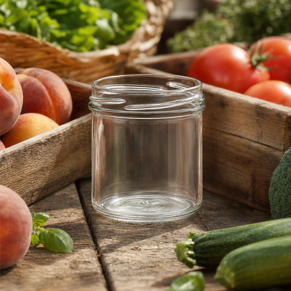 Vasos de 167ml sin tapa (TO66) UNiTWIST Vasos vacíos UNiTWIST 167ml TO66 sobre mesa de madera con tomates frescos melocotones y verduras para conserva